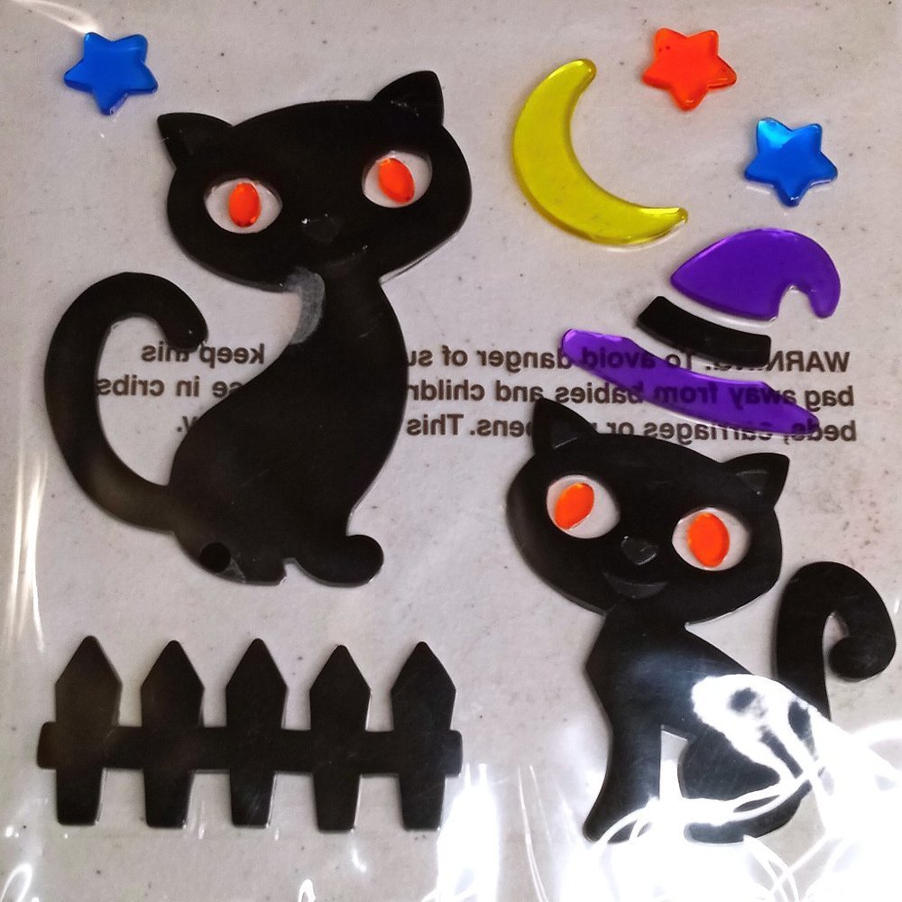 Halloween gel sticker decorations black cat yellow moon,red/blue stars and fence